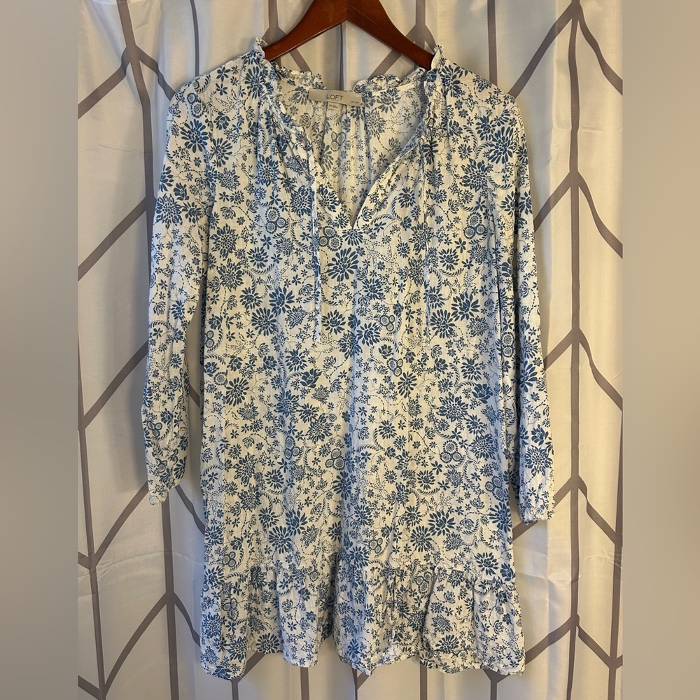 LOFT Blue and White Floral Tie Neck Swing Dress